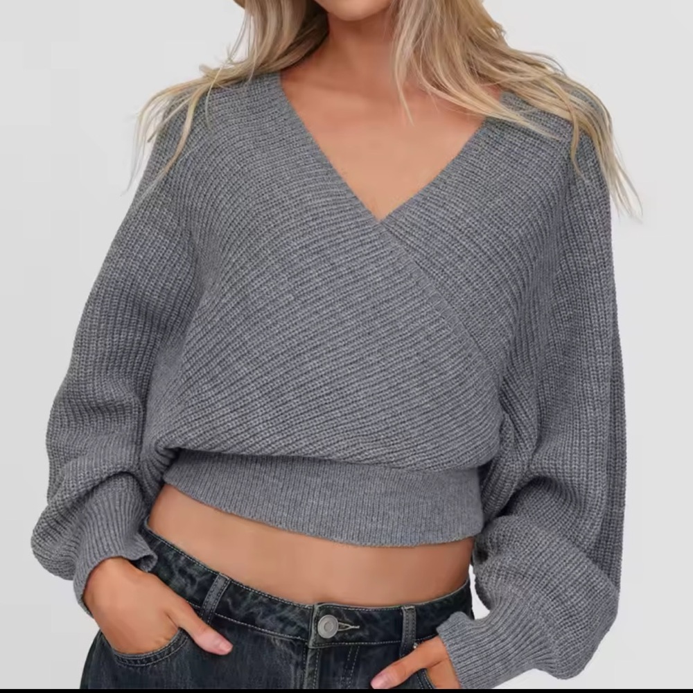 Knit V-Neck Faux Wrap Sweater Tie Up Back Kimono Cropped Boho Off the Shoulder L